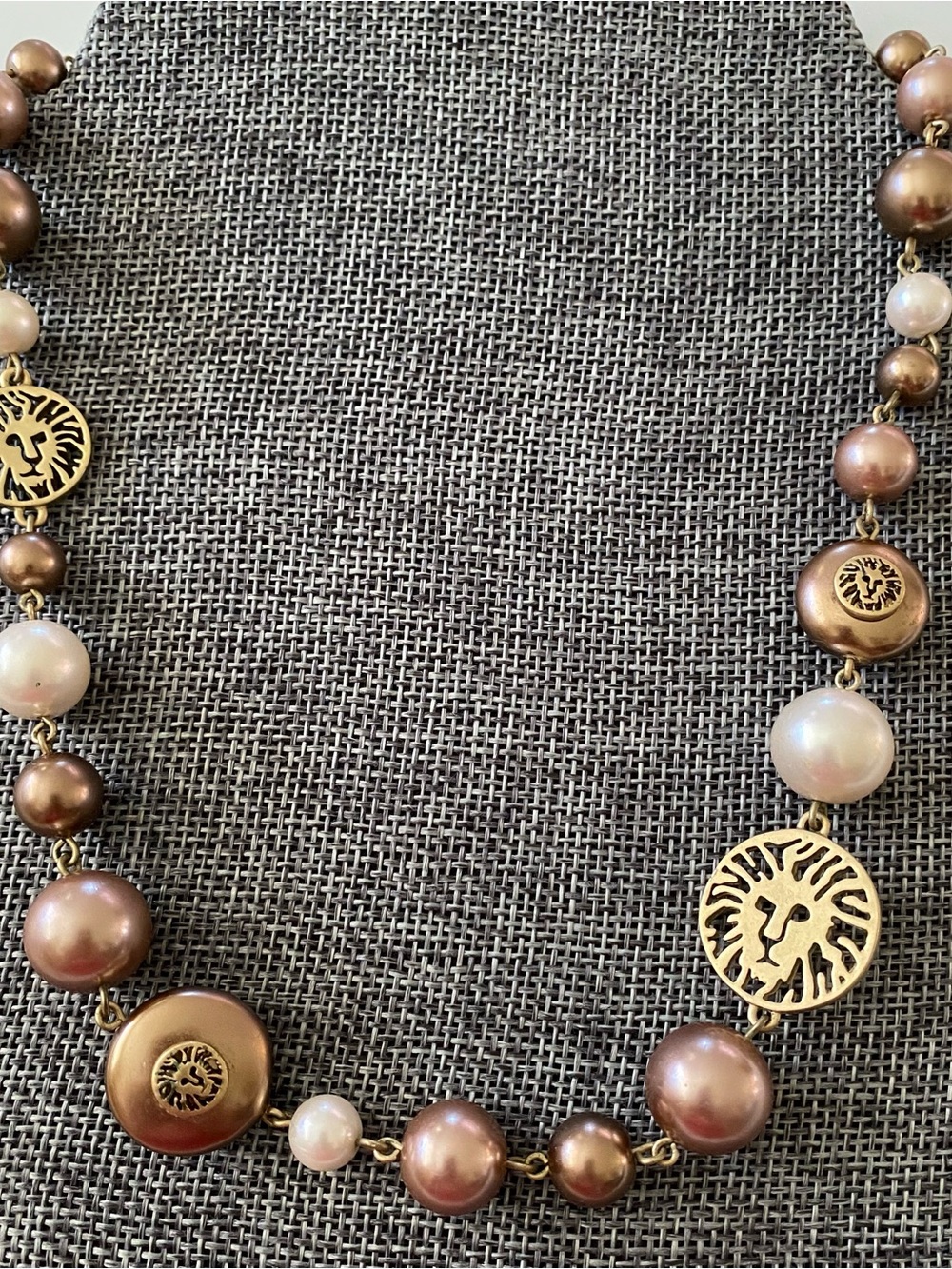 Anne Klein Bronze and Pearl Tone Lion Medallion Necklace